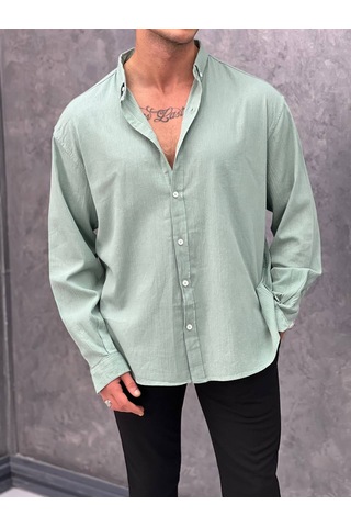 Modefendi Krinkıl Kumaş Oversize Kesim Keten Gömlek Yeşil