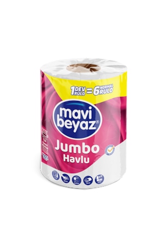 Mavi Beyaz Jumbo Dev Havlu - 1 Rulo 6 Standart Ruloya Eşdeğer - Ekstra Emici Kağıt Havlu