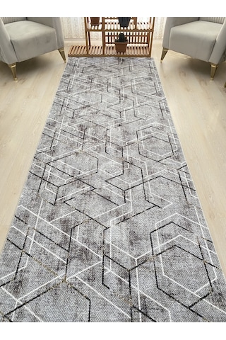 Premium Gri Siyah Kaymaz Tabanlı Kesme Yolluk Koridor Mutfak Salon Halısı Yüksek Kalite