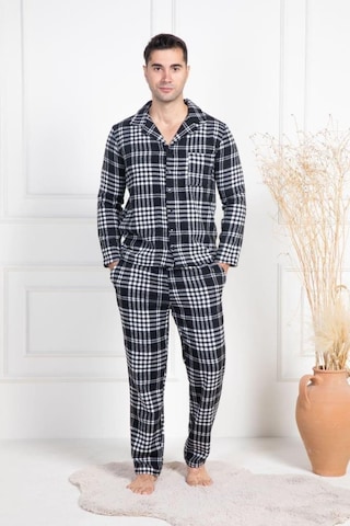 Mecit Pijama Mecit 2950 Erkek Beyaz Ekoseli Büyük Beden Kışlık Pijama Takımı Beyaz