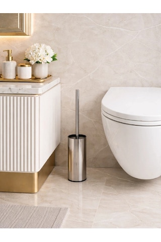 Paslanmaz Çelik İnce Silindir Tuvalet Fırçası Modern, Şık Wc Fırçası Ve Standı Vıchy-7048 Gümüş