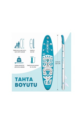 Tiki Mavi Şişme Sup Board/stand Up Paddle Board Pati Dostu Yüzey 320x83x15 Cm