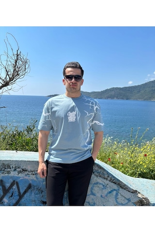 Erkek Bisiklet Yaka Oversize Baskılı T-shirt Turkuaz