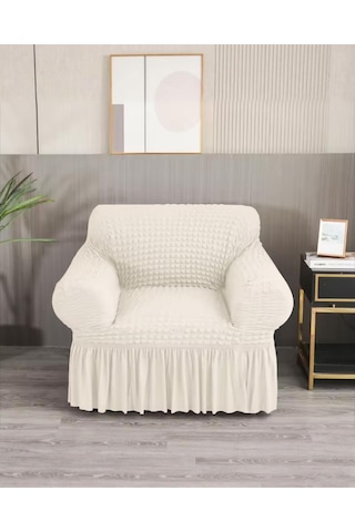StarMall Bürümcük Etekli Koltuk Örtüsü, Berjer Kılıfı Lastikli Esnek Tek Kişilik 1 Adet Krem