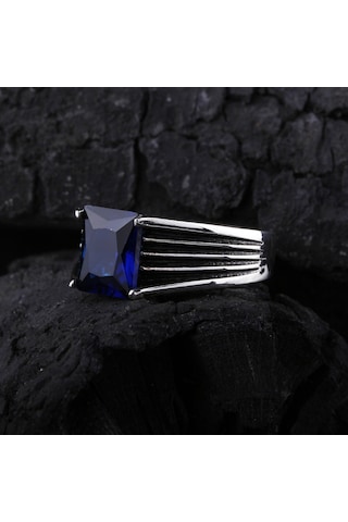 925 Ayar Gümüş Baget Safir Taşlı Erkek Yüzük Silver