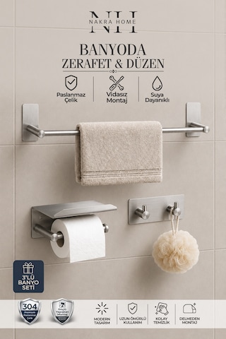 3'lü Set Paslanmaz Çelik Yapışkanlı Havlu Askısı Ve Tuvalet Kağıtlığı Neme Dayanıklı Havluluk Krom