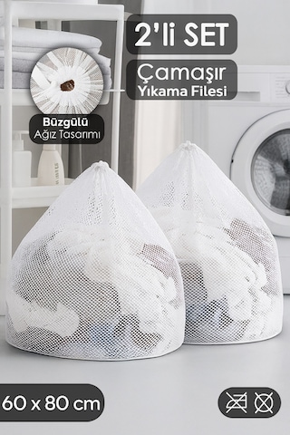 2'li Perde Ve Çamaşır Yıkama Filesi Seti - Büyük Boy İpli Yıkama Filesi 60x80 Cm Beyaz