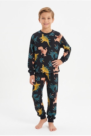 Bunny Hopp Erkek Çocuk Uzun Kollu Pijama Takımı %100 Pamuk Siyah Renkli Dinozor Desenli Penye