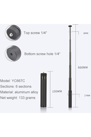 Tongxida Yc667c Uzatma Çubuğu Sabitleyici Özel Selfie Uzatma Çubuğu Feiyu G5 / Spg / Wg2 Gimbal, Djı Osmo Pocket / Pocket 2 İç