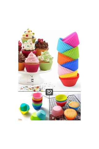 Tilbe Home 30 Adet Silikon Muffin Kek Kapsülü Yeniden Kullanılabilir Cupcake Browni Kek Kalıbı Renkl Çok Renkli