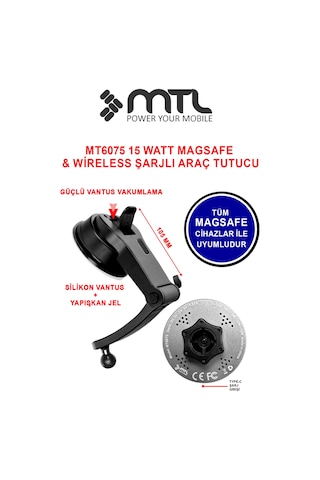 Araç Telefon Tutucu Magsafe İle Uyumlu 15 W Kablosuz Şarjlı - Mt6075 Siyah