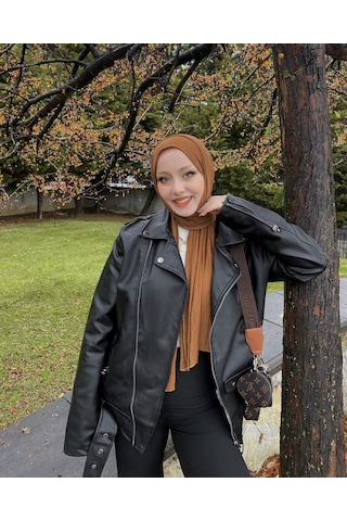 Kadın Siyah Oversize içi Kürklü Kemerli Biker Deri Ceket Siyah