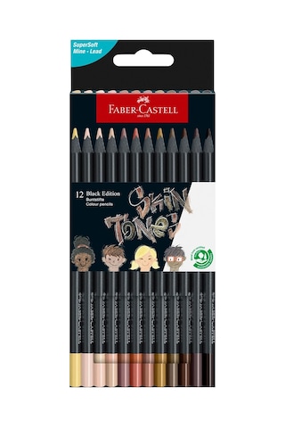 Black Edition Boya Kalemi 12'li Skin Tones, Siyah Lata, Siyah Kağıda Uyumlu, Ergonomik Üçgen Gövde, Ten Renkleri Çok Renkli