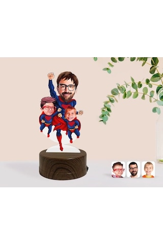 Kişiye Özel Süper Baba Ve Çocuklar Karikatürlü Dekoratif 3D Biblo