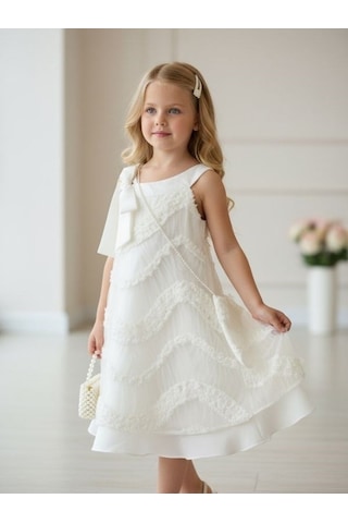 Zekids Kız Çocuk Tasarım Elbise-17241 BEYAZ