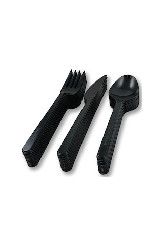 Sert Kalın Plastik Çatal - Bıçak - Kaşık 1. Kalite Lüks Siyah Çatal - Kaşık - Bıçak 3 Lü Set 500 Adet Siyah