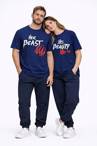 Sevgili Kombini Her Beast His Beauty Oversize Çift Tişört Unisex Lacivert