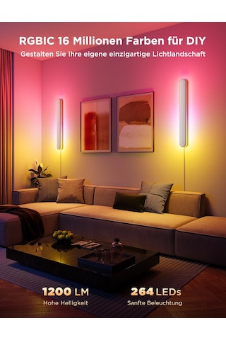 Govee Rgbıcw İç Mekan Duvar Lambası, Matter, Alexa Ve Google Assistant İle Uyumlu Akıllı Duvar Lambası, 1200lm Led Duvar Lambası, Müzik Senkronizasyonu, Oturma Odası, Merdivenler, Koridor İçin Dolaylı Aydınlatma, 1 Parça Siyah