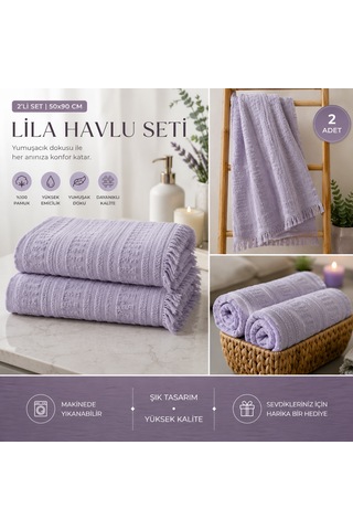 2'li Yüz Havlusu Seti 50x90 Cm Pamuklu El Havlusu Püsküllü Yumuşak Dokulu Yüksek Emici Günlük Kullanım Lila