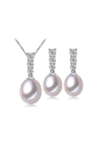 Beyaz Lsooyh Klasik Doğal Tatlı Su Inci Kolye Kübik Zirkonya Uzun Küpe Inci Takı Setleri Beyaz