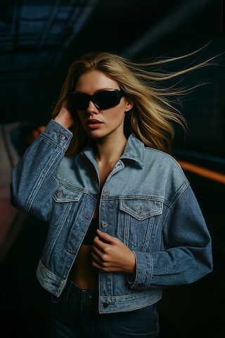 Kadın Renk Bloklu Oversize Jean Ceket Mavi 001