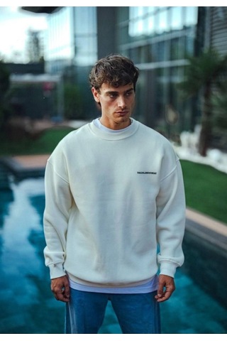 Modi Kışlık Bisiklet Yaka Oversize Baskılı Sweatshirt - Beyaz Açık Kahverengi - Beyaz