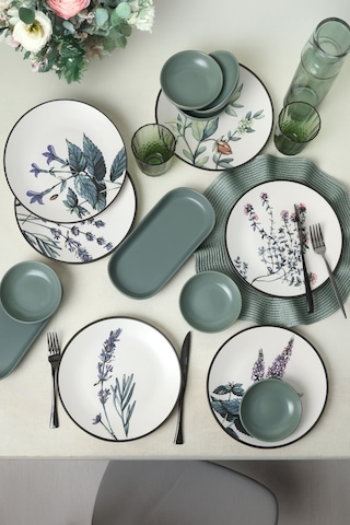 Keramika Çiçek Bahçesi Kahvaltı Takımı 14 Parça 6 Kişilik Mat Yeşil