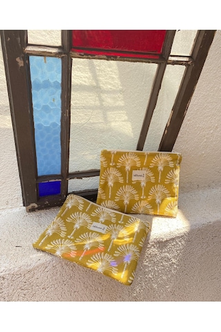 İdiluna Hardal Rengi Palmiye Desenli, Fermuarlı Çok Amaçlı Clutch / Tablet Çantası Hardal Kahve