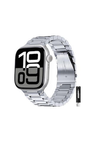 Apple Uyumlu Watch Seri 10 / 11 46mm Uyumlu Paslanmaz Çelik Akıllı Saat Kordonu - Ayarlanabilir Metal Toka