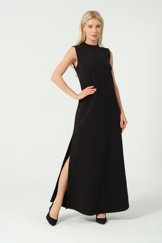 Derin Yırtmaç Basic Uzun Elbise Siyah