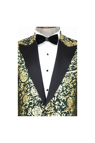 Wessi Gold Gül Desenli Slim Fit Yeşil Erkek Smokin Ceket Yeşil