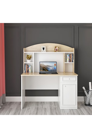 Country Çalışma Masası Kitaplıklı Tamamı Mdflam Beyaz - Çam