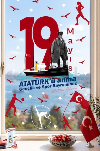 19 Mayıs Atatürk Ü Anma Gençlik Ve Spor Bayramı Çift Taraflı Cam Sticker Set 100% Görünüm,90 Parça Dijital Baskı