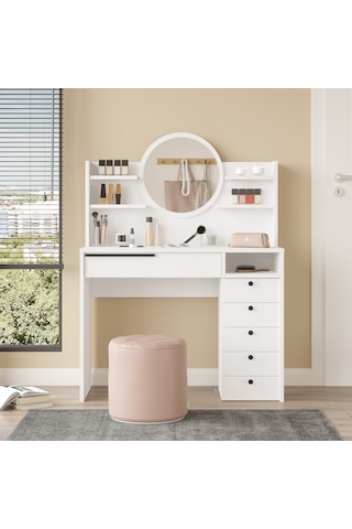Paris Makyaj Masası Aynalı Çekmeceli Şifonyer Raf Beyaz