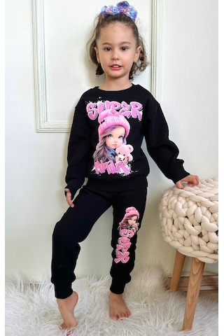 Lolliboomkids Kız Çocuk Oyuncak Bebek Fuşya Pembe Siyah Baskılı Sweatshirt Eşofman Alt Üst Takım Siyah Pembe Siyah - Pembe