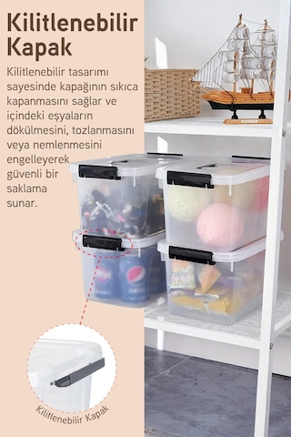 İronika 3'lü Saklama Kabı Yatay Dikdörtgen Kilitli Kapaklı Çok Amaçlı Oyuncak Saklama Kutusu 15 Litre Şeffaf