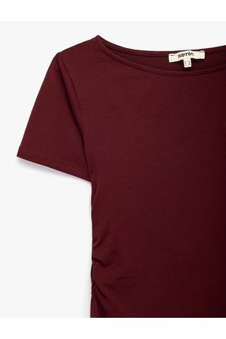 Koton Viskon Slim Fit Büzgülü Bisiklet Yaka Kısa Kollu Tişört Bordo 7wak50052ek