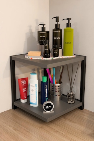İki Raflı Banyo Köşe Kare Düzenleyici Organizer Raf Metal Gövdeli Çok Amaçlı Banyo Standı Antrasit