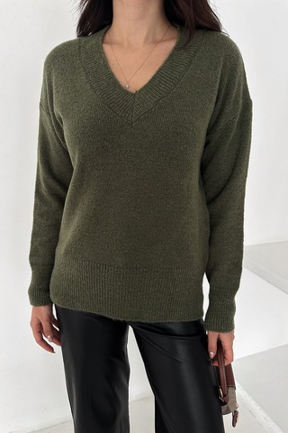 Noa & Noa Kadın V Yaka Triko Kazak Cozy Neutral Yeşil
