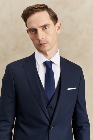 AC&Co / Altınyıldız Classics Altinyildiz Classics Erkek Lacivert Su Geçirmez Kırışmaz Slim Fit Dar Kesim Mono Yaka Yelekli Yünlü Takım Elbise 4A3110000004LAC466N Lacivert