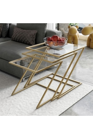 Misto Z Şekil Camlı Üçlü Zigon Sehpa Gold