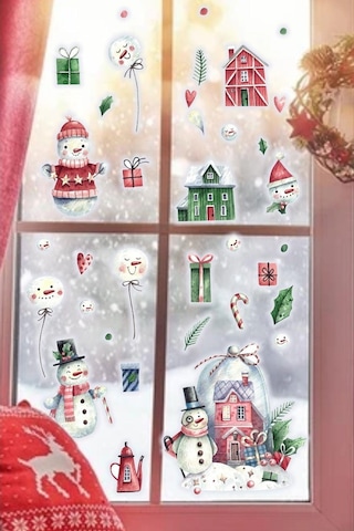 MSticker Yılbaşı Kardan Adam Ve Evleri Çocuk Odası Cam Duvar  Sticker Seti