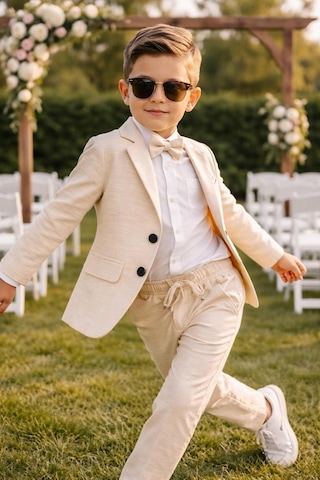 Baby Kids Colors Erkek Çocuk Flamlı Keten Salaş Ceketli Takım Elbise / Gömlek Pantolon Ceket Papyon Keten Takım Bej