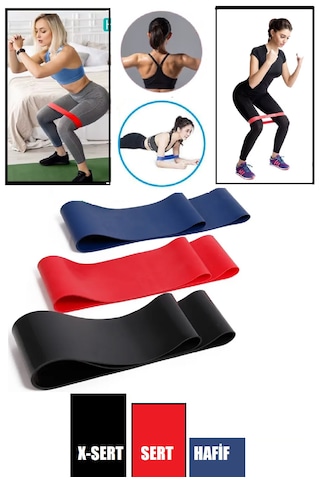 3'lü Set Direnç Bandı 60 Cm Hafif - Sert - X-sert Pilates Egzersiz Yoga - Mini Loop Band Mavi - Kırmızı - Siyah