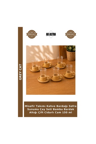 Misafir Takımı Kahve Bardağı Sofra Sunumu Çay Seti Bambu Bardak Altığı Çift Cidarlı Cam 150 Ml Şeffaf