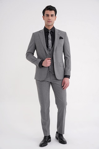 Efor Slim Fit Çift Yırtmaç Ekoseli Esnek Yünlü Yelekli Klasik Füme Takım Elbise Tk 934 Füme