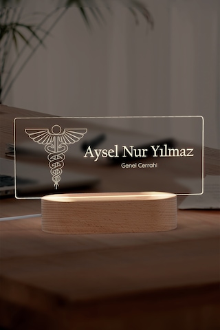 Doktorlar İçin Kişiye Özel Led Masa İsimliği Masif Ahşap Tabanlı Usb Kablolu Pleksi Led Gece Lambası
