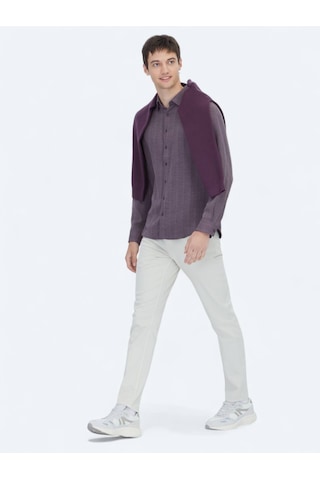 Kip Mürdüm Çizgili Regular Fit Dokuma Casual Gömlek Mürdüm