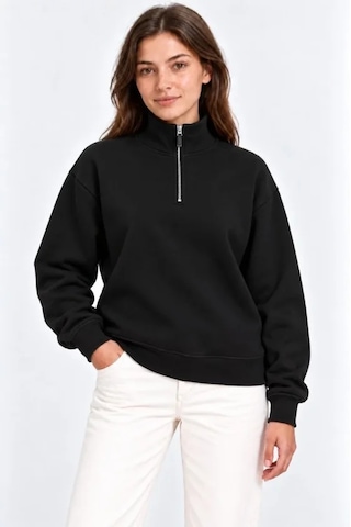 N11 Üç İplik İçi Şardonlu Dik Yaka Yarım Fermuarlı Kışlık Sweatshirt - Siyah