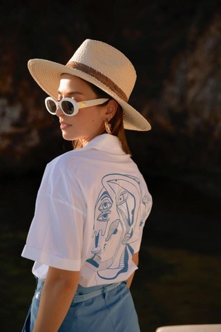 Kadın Soyut Baskılı Kısa Kollu Gömlek Frn6003 Mavi